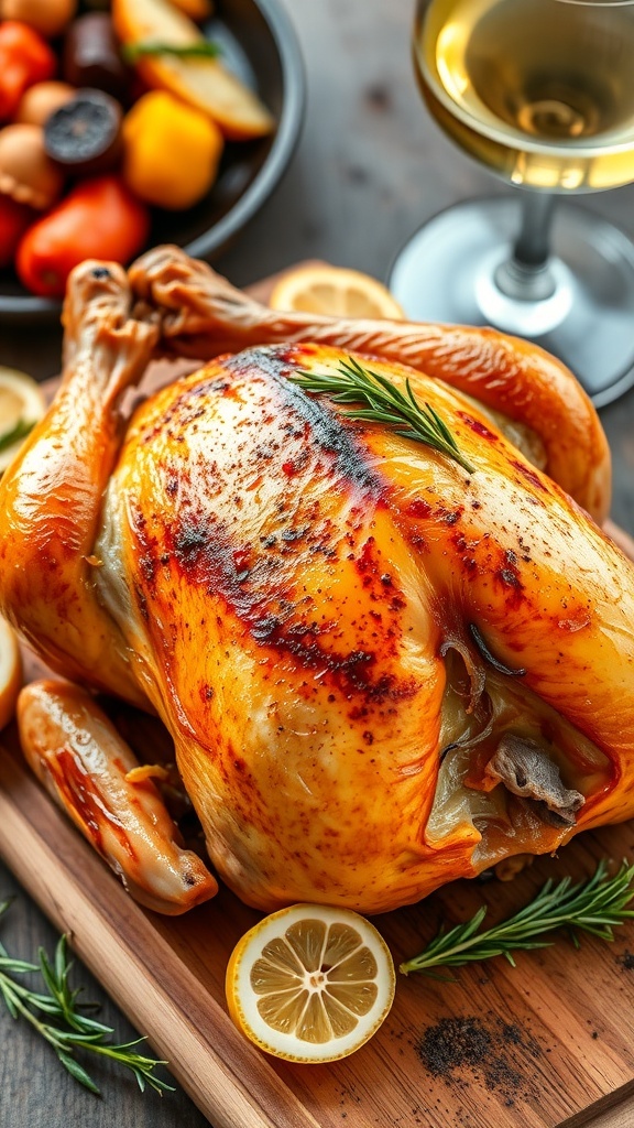 Golden roasted chicken with lemon and rosemary on a wooden board, served with roasted vegetables.